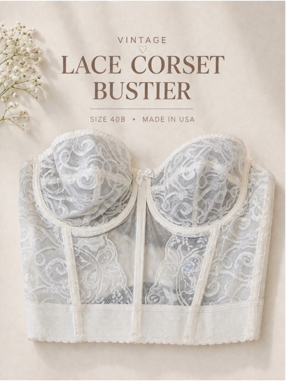 Vintage White Lace Corset Bustier 40B Made in USA Strapless Bridal
